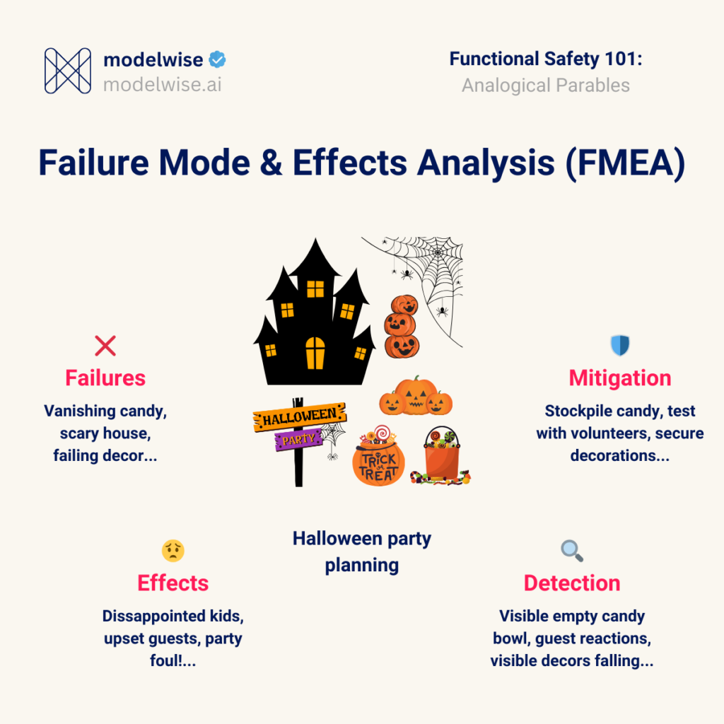 Illustration of the different facuets of FMEA - Failures, Effects, Detection, Mitigation, explained with Halloween party planning as an analogy